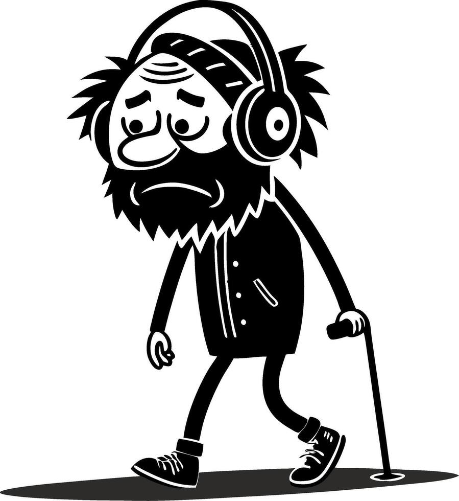 Sad Cartoon Character with Headphones Walking with Cane in Monochrome Style vector