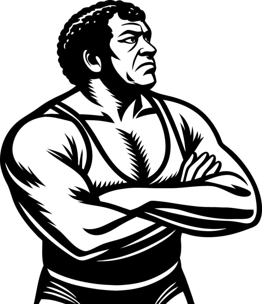 Imposing Wrestler with Crossed Arms in Bold Black and White Design for Tattoo and Apparel vector