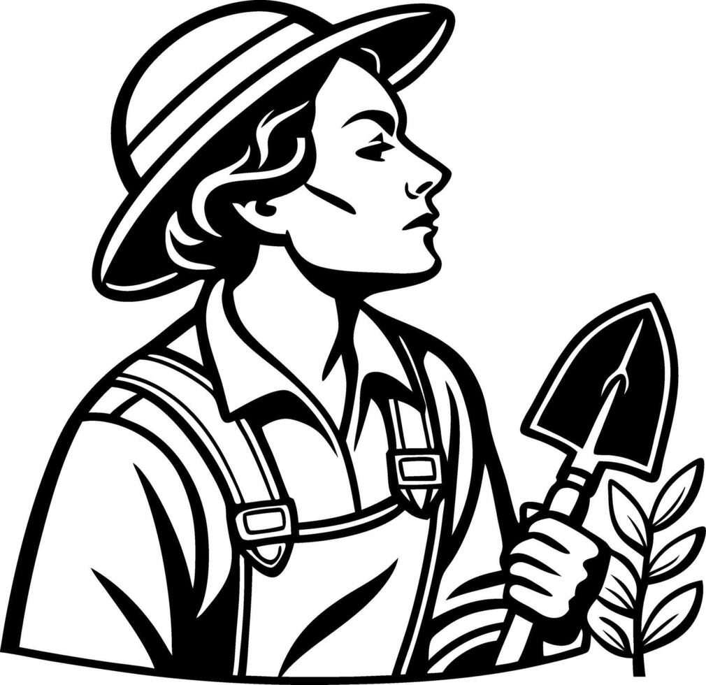 Vintage Female Gardener with Shovel and Leaves Jeweled Gardening-Themed Illustration vector