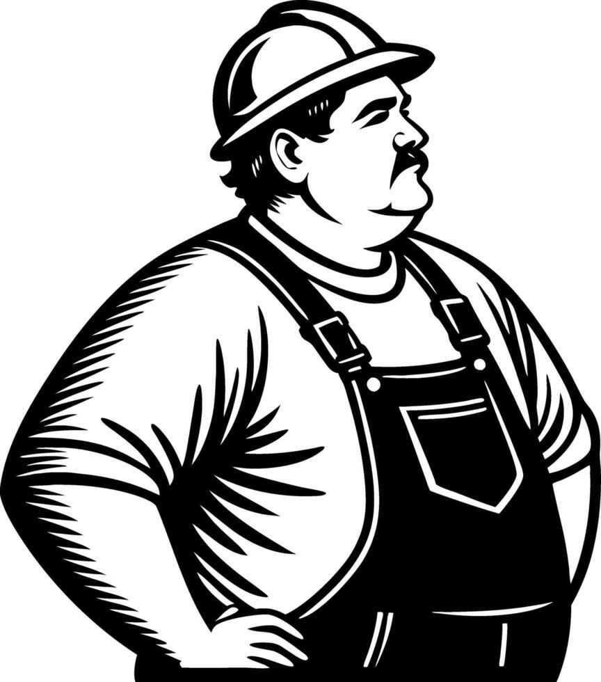 Muscular Construction Worker Wearing Hard Hat and Overalls in Bold Line Art Style vector