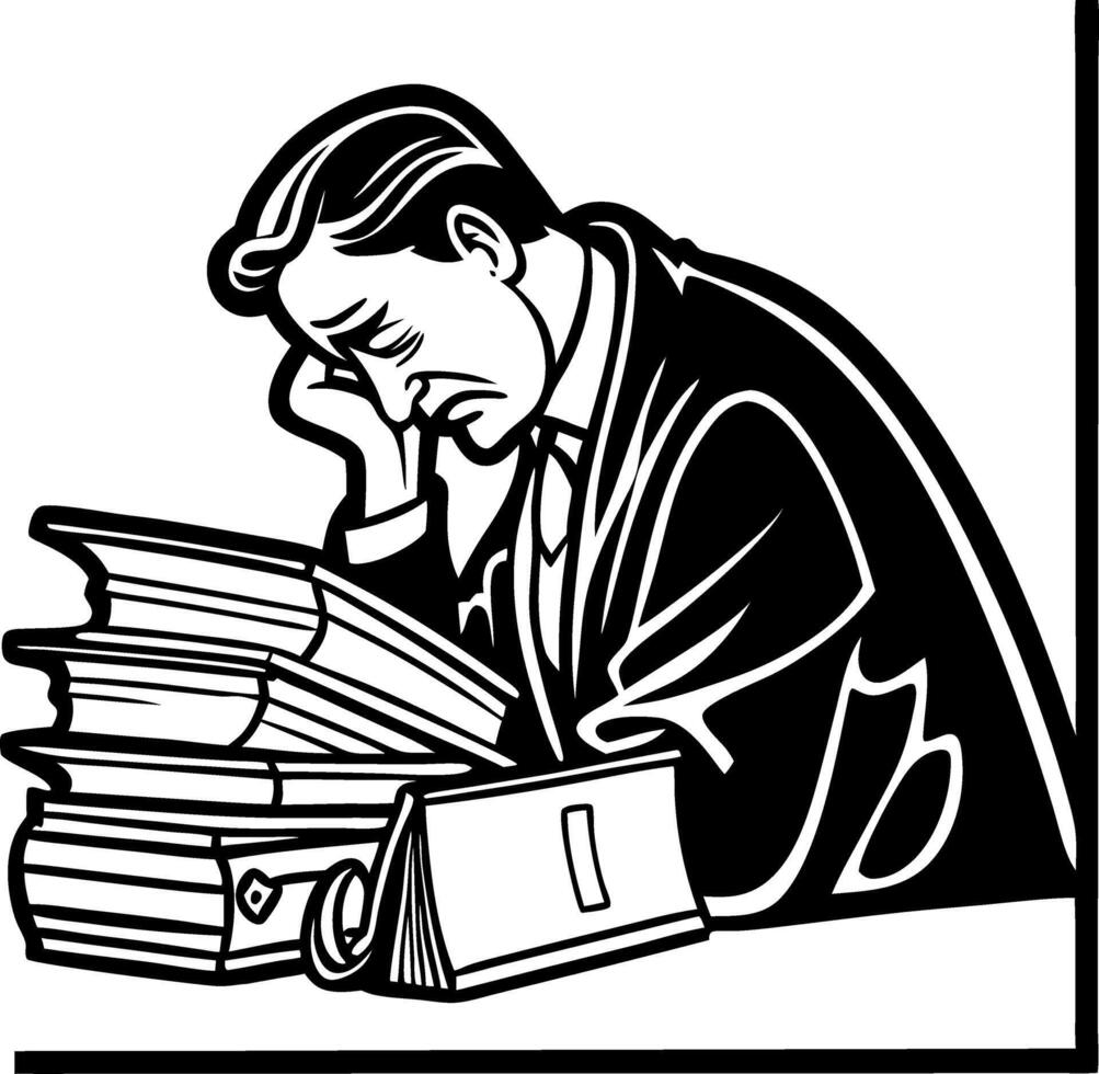 Stressed Businessman Surrounded by Stacks of Paperwork Depicting Overwhelm and Pressure vector