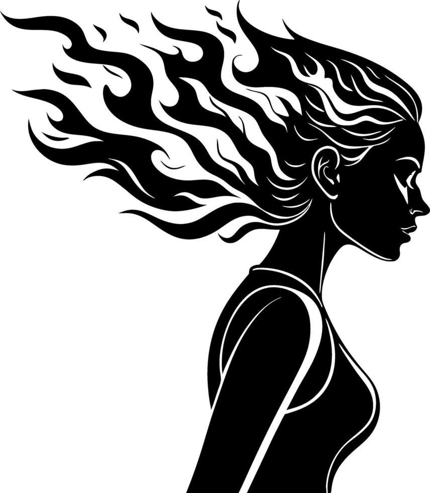 Dynamic Woman Silhouette with Flowing Hair and Flames Concept for Bold Tattoo Designs vector