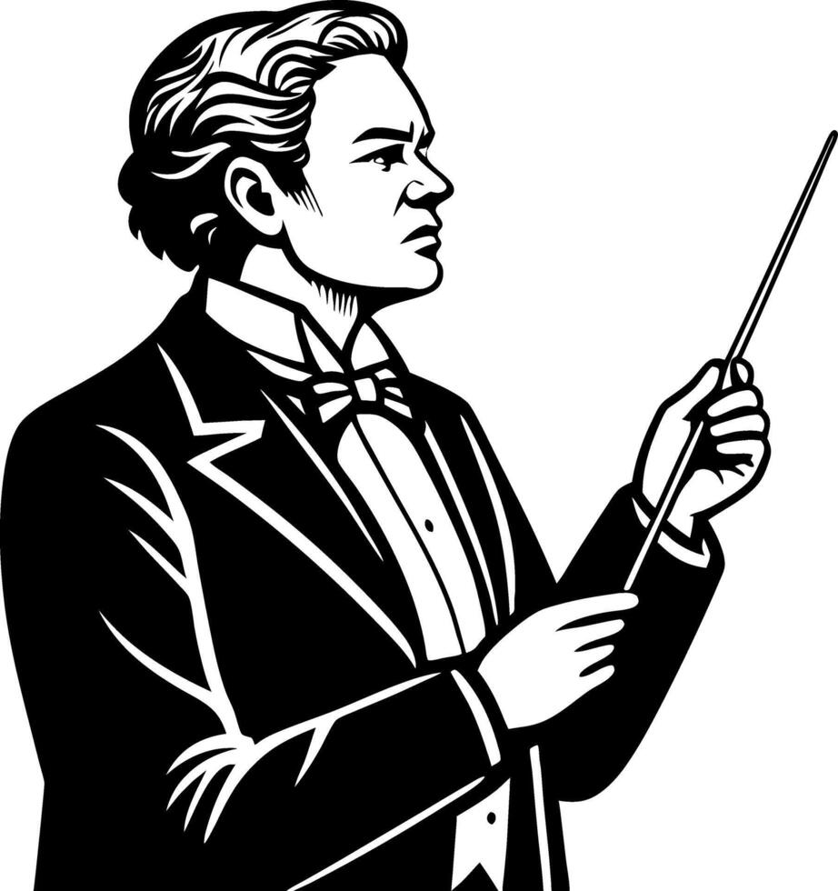 Elegant Male Conductor Leading Orchestra with Baton in Formal Attire Illustration vector