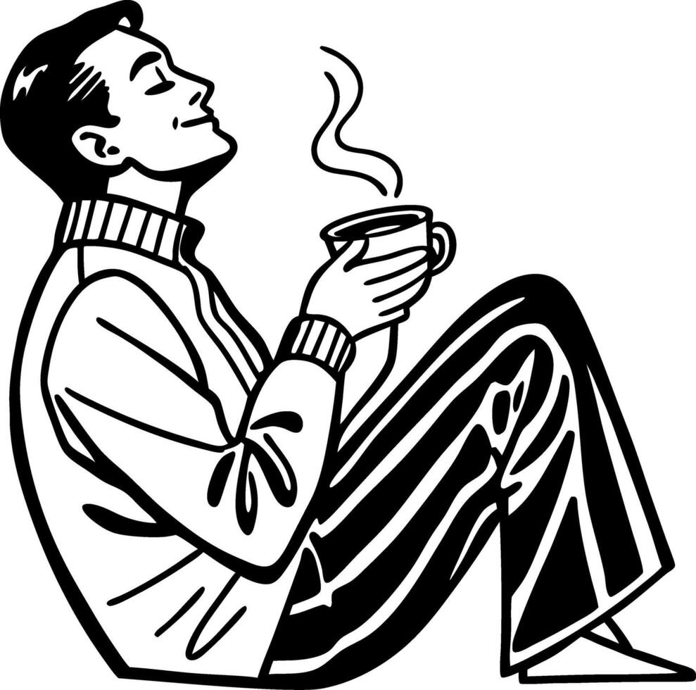 Relaxed Man Enjoying Coffee in Sweater Sitting Against Wall with Humorous Vibe vector