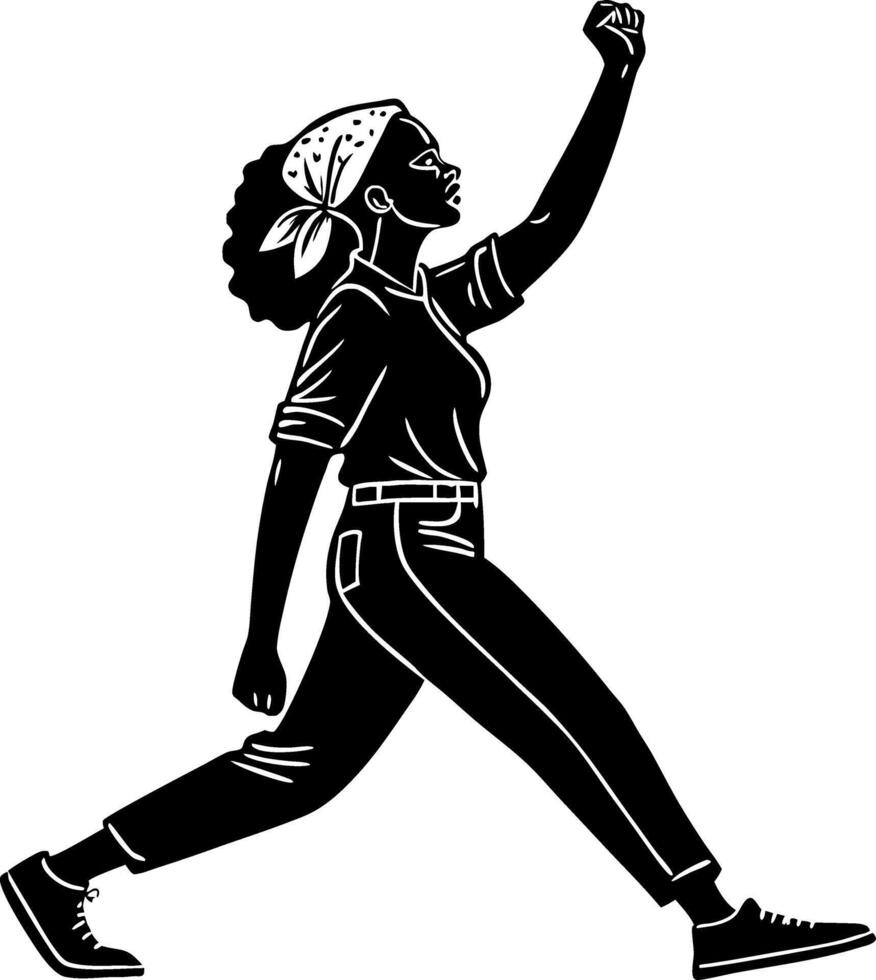 Empowered Black Woman Marching with Raised Fist Art for Activism and Empowerment Themes vector