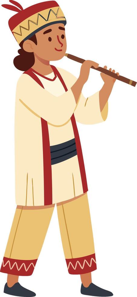 Child Playing Native Flute in Traditional Attire Cultural Music Illustration vector