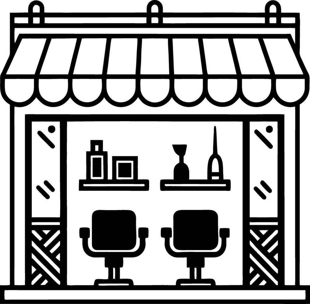 Stylish Hair Salon Facade with Two Chairs and Beauty Products Displayed on Shelves vector