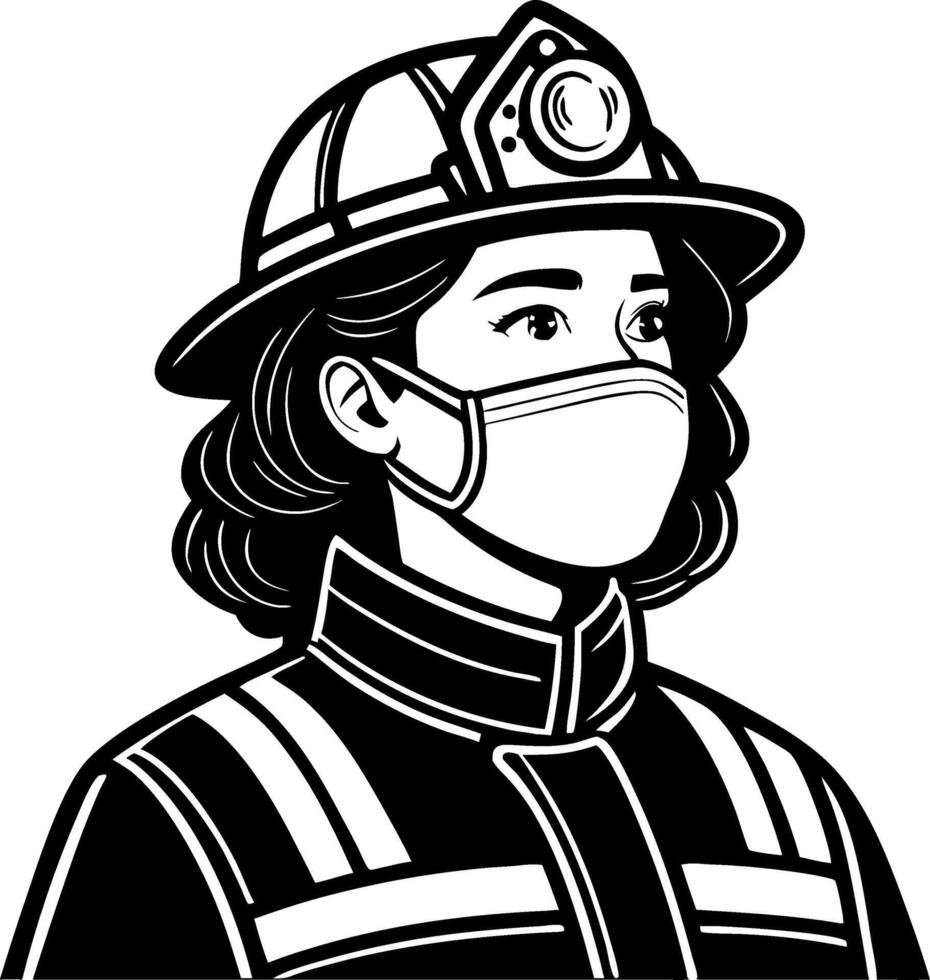Female Firefighter Wearing Mask and Helmet Portrait for Awareness and Respect vector