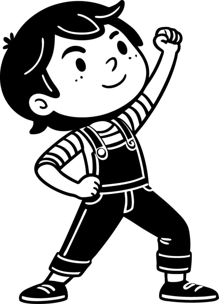 Cheerful Boy in Overalls Making a Fist Pump Gesture Representing Confidence and Joy vector