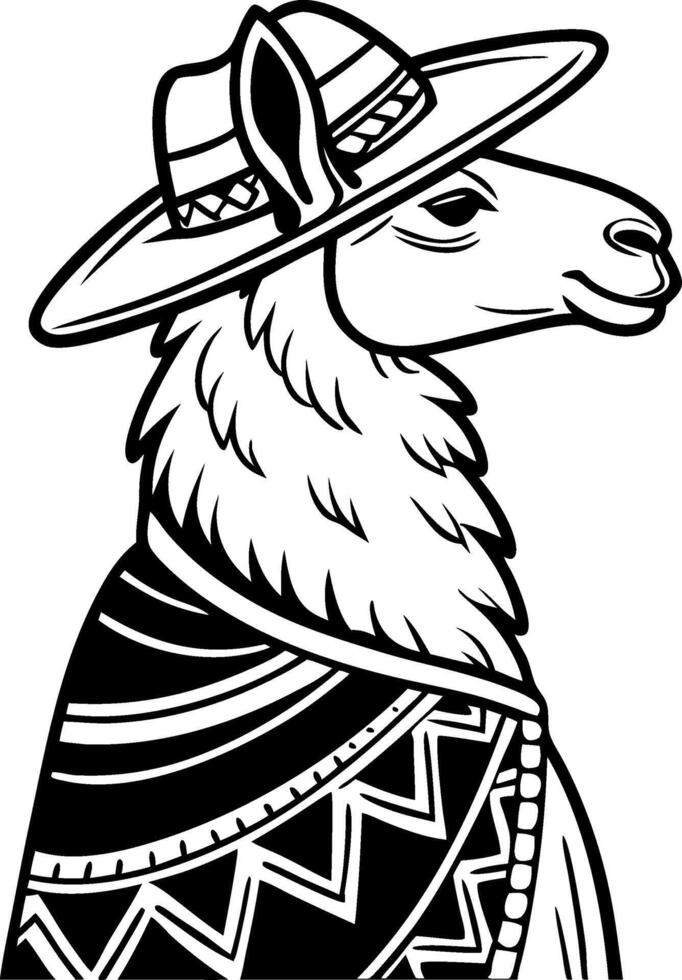Llama Wearing Traditional Hat and Poncho Detailed Line Art Design for Tattoo or Coloring Book vector