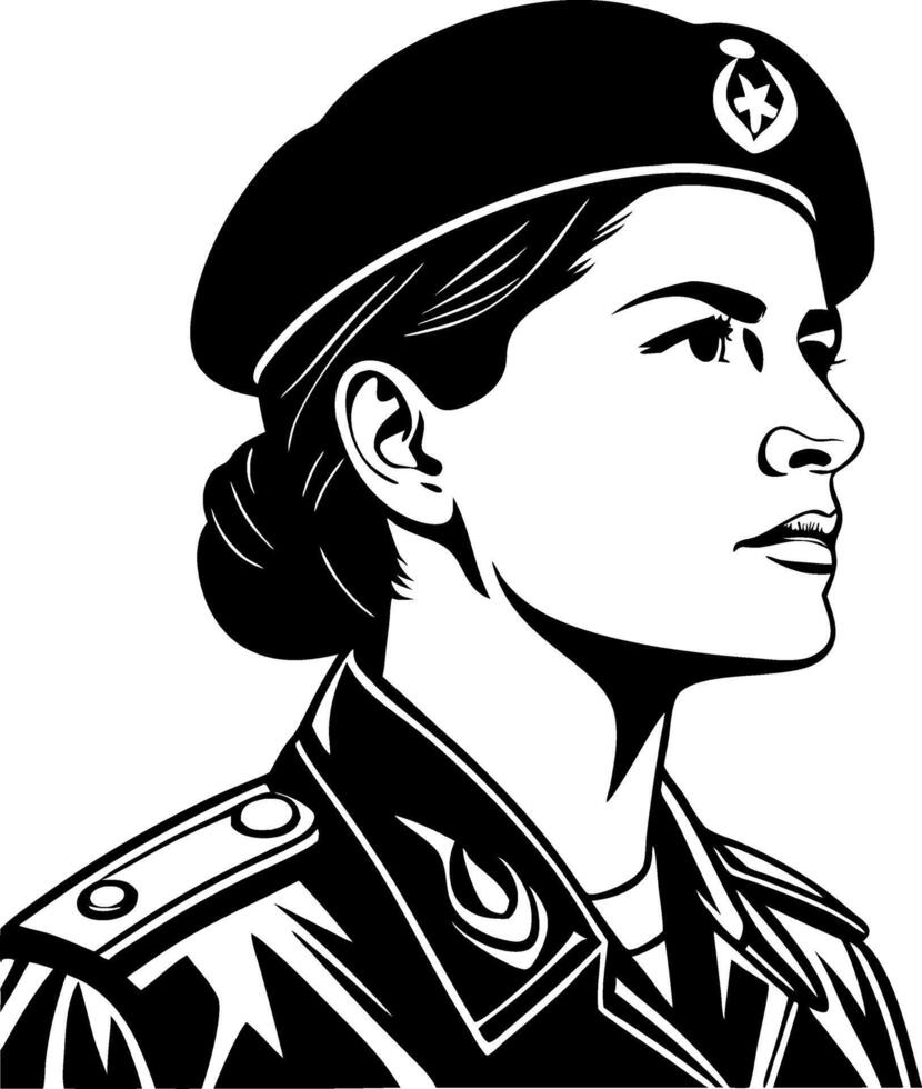 Bold Female Soldier Portrait in Uniform with Beret for Military Themes and Designs vector