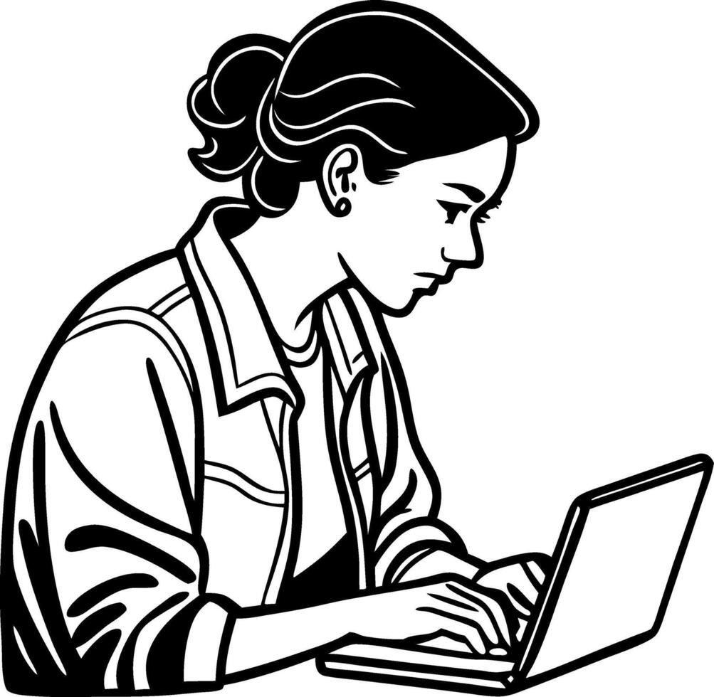 Focused Young Woman Typing on Laptop in Casual Attire for Remote Work Illustrations vector