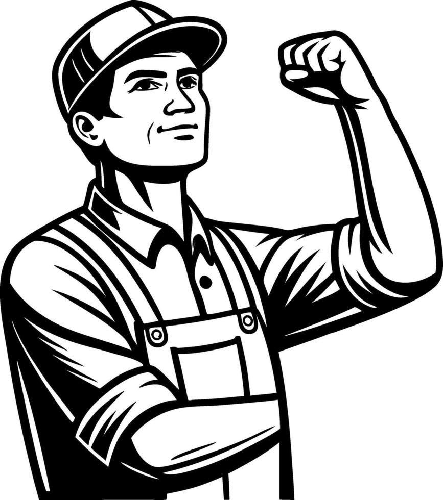 Confident Male Worker Raising Fist Strong Pose in Uniform Retro Style Illustration vector