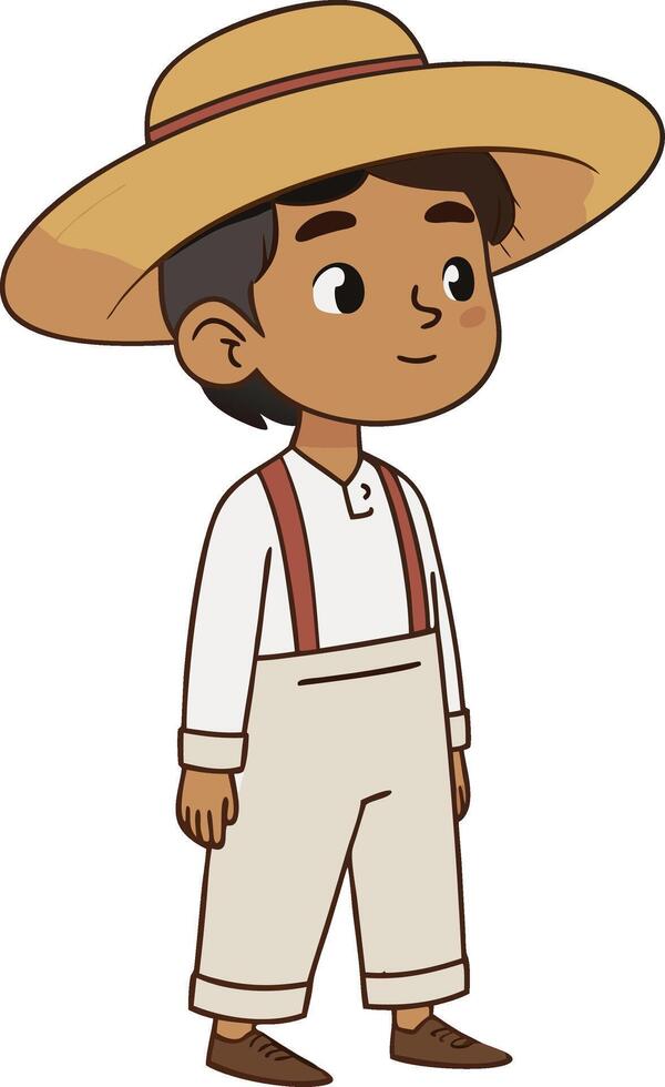 Charming Young Boy in Farm Attire with Straw Hat and Suspenders for Childrens Illustration vector