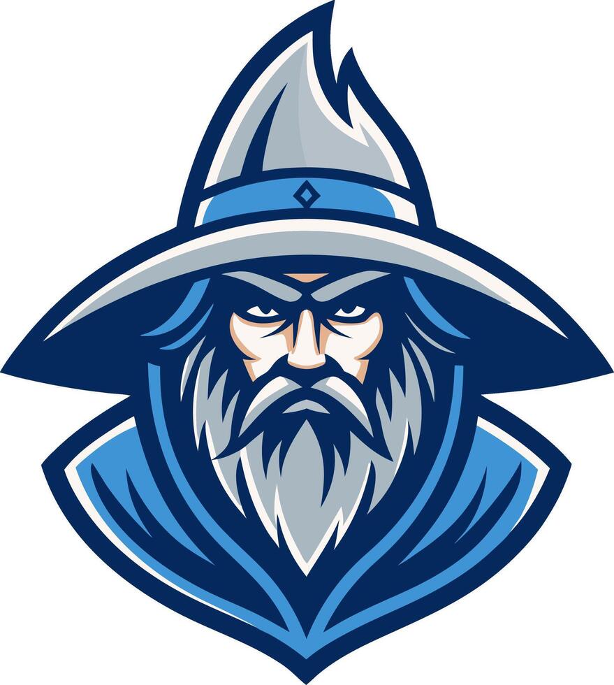 Angry Wizard with Blue Hat and Beard for Fantasy Illustrations and Logo Designs vector