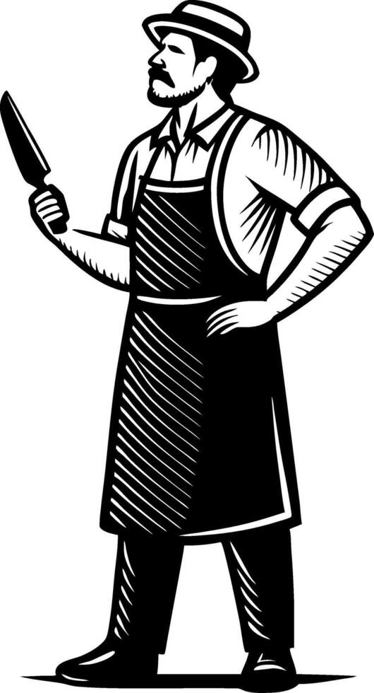 Vintage Chef Holding Knife in Apron Retro Style Black and White Illustration vector