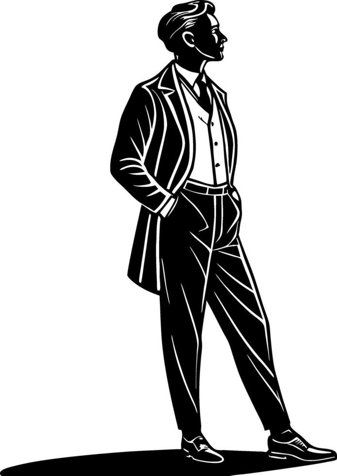 Stylish Elegant Man in Formal Attire Standing Confidently in Vintage Fashion Design vector
