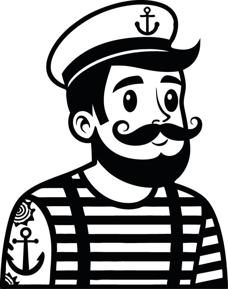 Stylized Sailor Character with Tattoos in Striped Shirt and Captain Hat for Creative Projects vector
