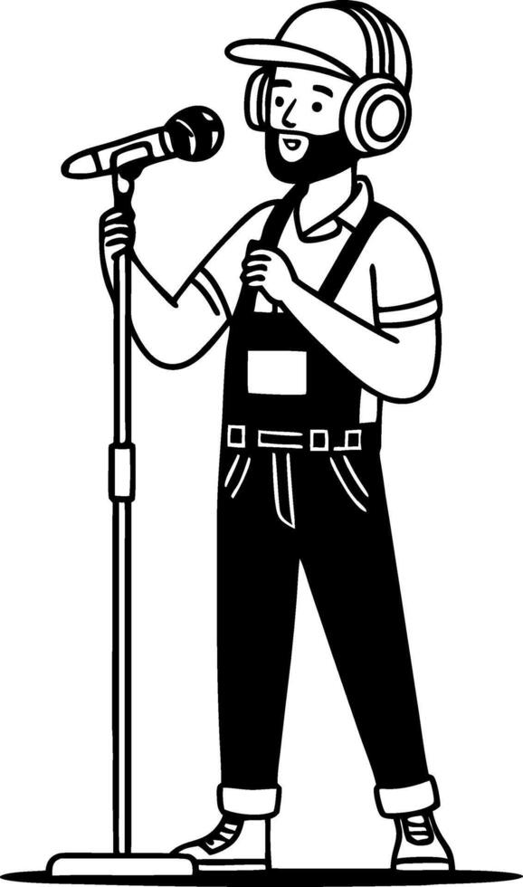 Enthusiastic Singer Performing in Headphones with Microphone in Stylish Overalls vector