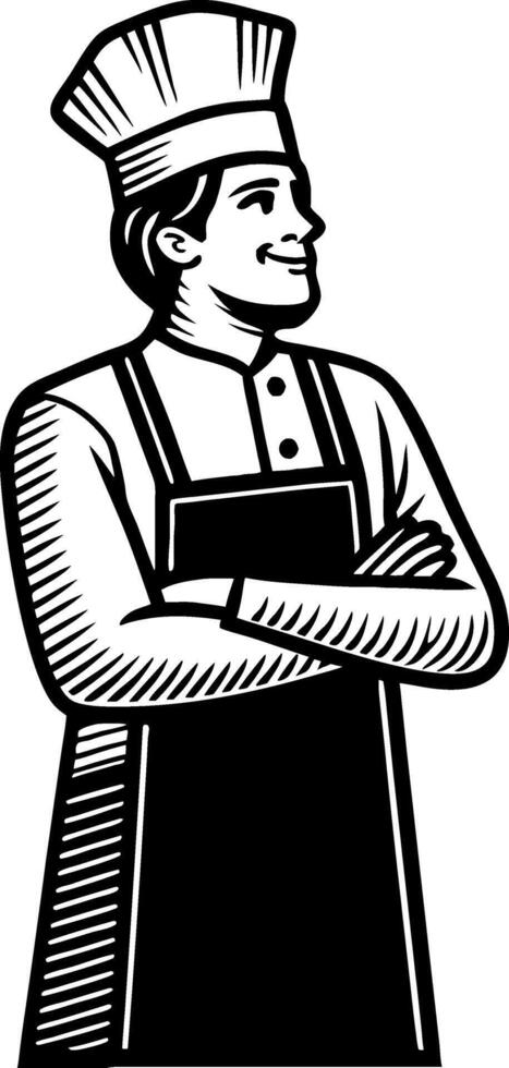 Smiling Chef Character Wearing Chef Hat and Apron in Confident Pose for Culinary Designs vector