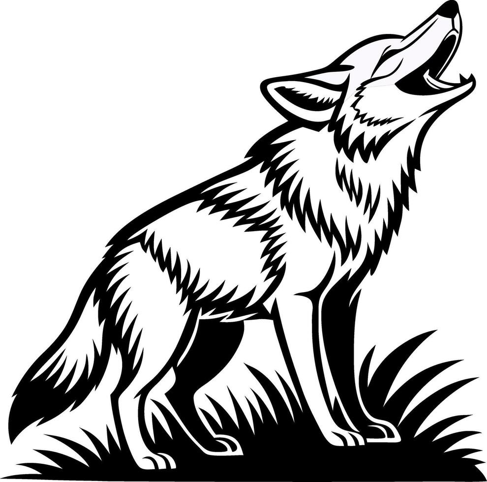 Howling Wolf in Grass Silhouette for Nature Themes Tattoo Design and Coloring Pages vector