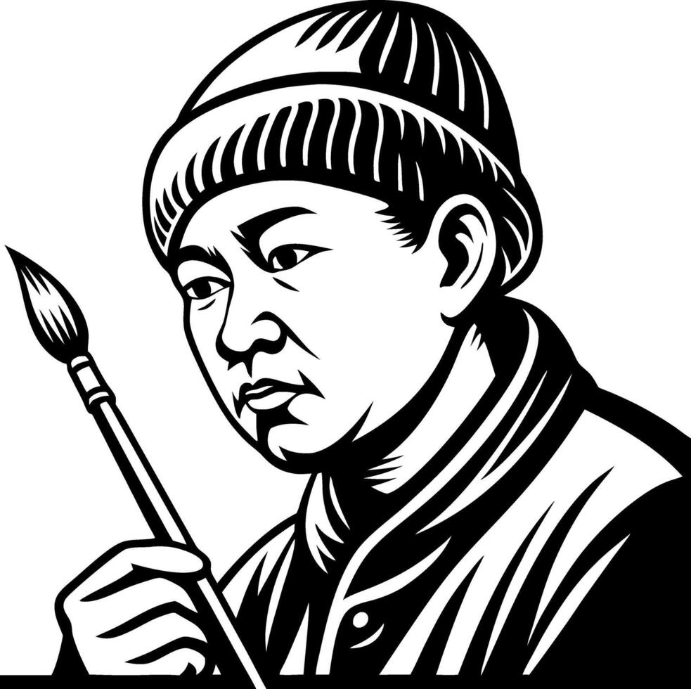 Focused Artist Holding Paintbrush in Thoughtful Pose for Creative Projects vector