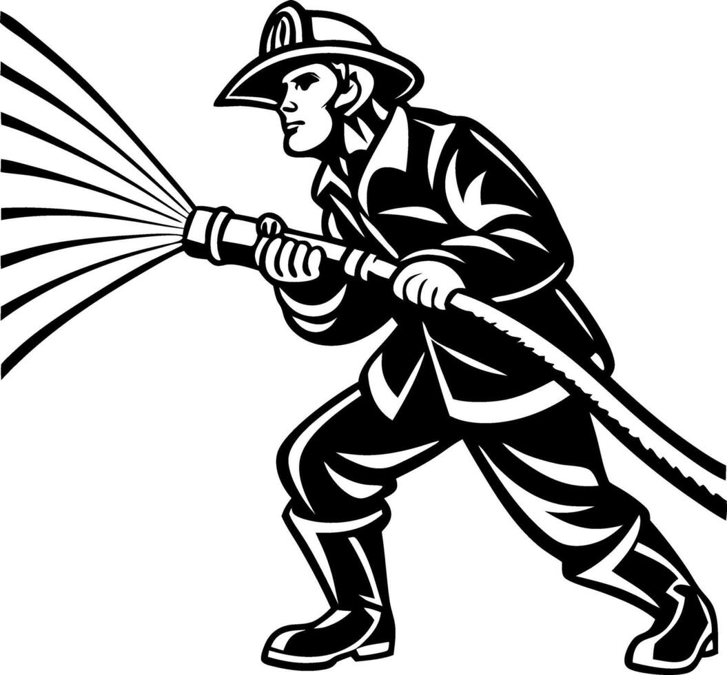 Brave Firefighter Spraying Water with Hose in Action Illustration for Emergency Services vector