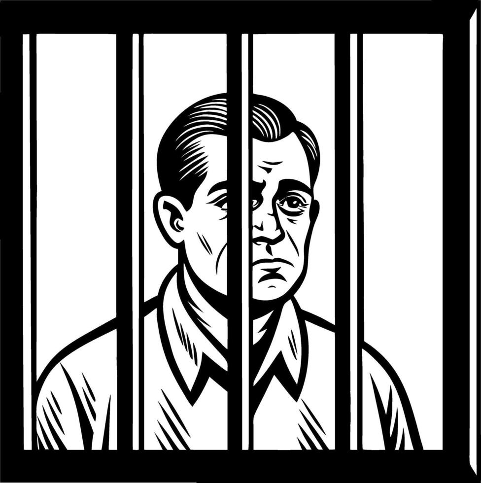 Prisoner Behind Bars Illustrative Black and White Art for Various Design Projects vector