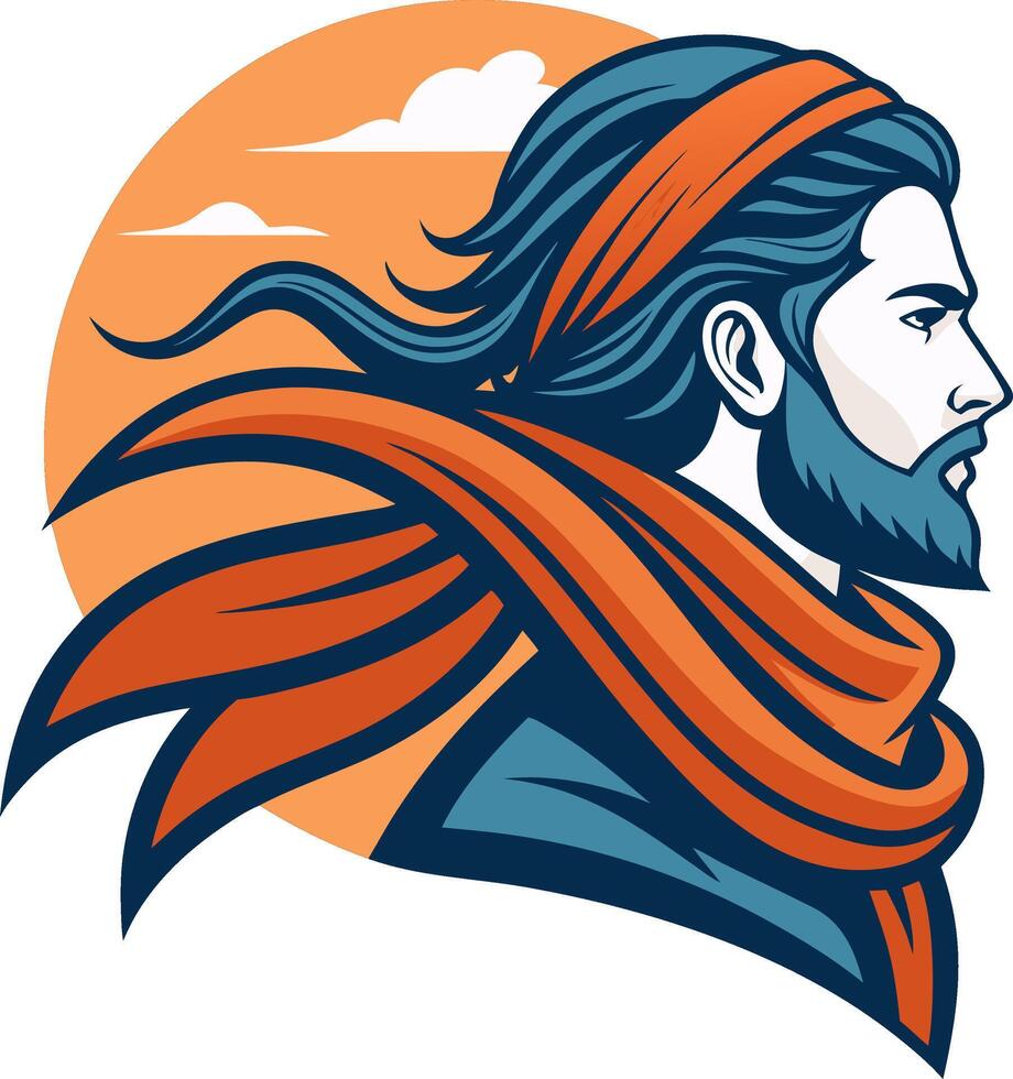 Profile of a Man with Long Hair and Beard Wearing a Scarf Against a Sunset Background vector