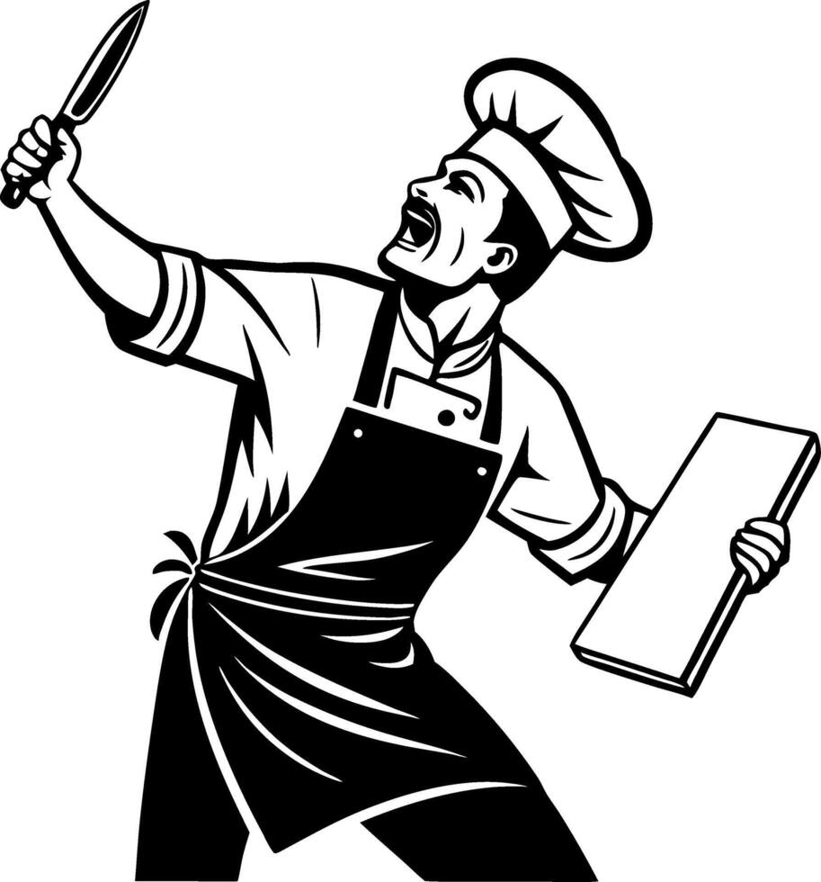 Cheerful Chef Wielding Knife and Cutting Board in Kitchen Illustration for Culinary Designs vector