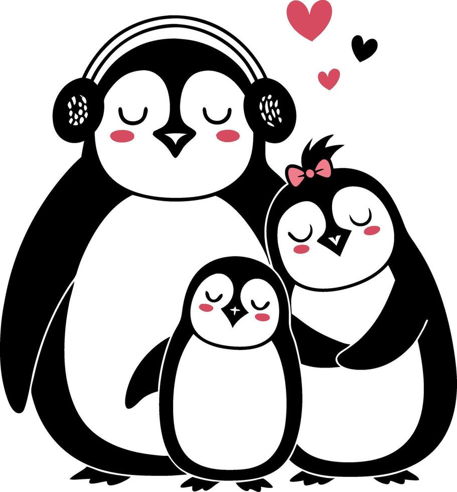 Adorable Family of Penguins in Headphones and Hearts Perfect for Childrens Illustrations vector