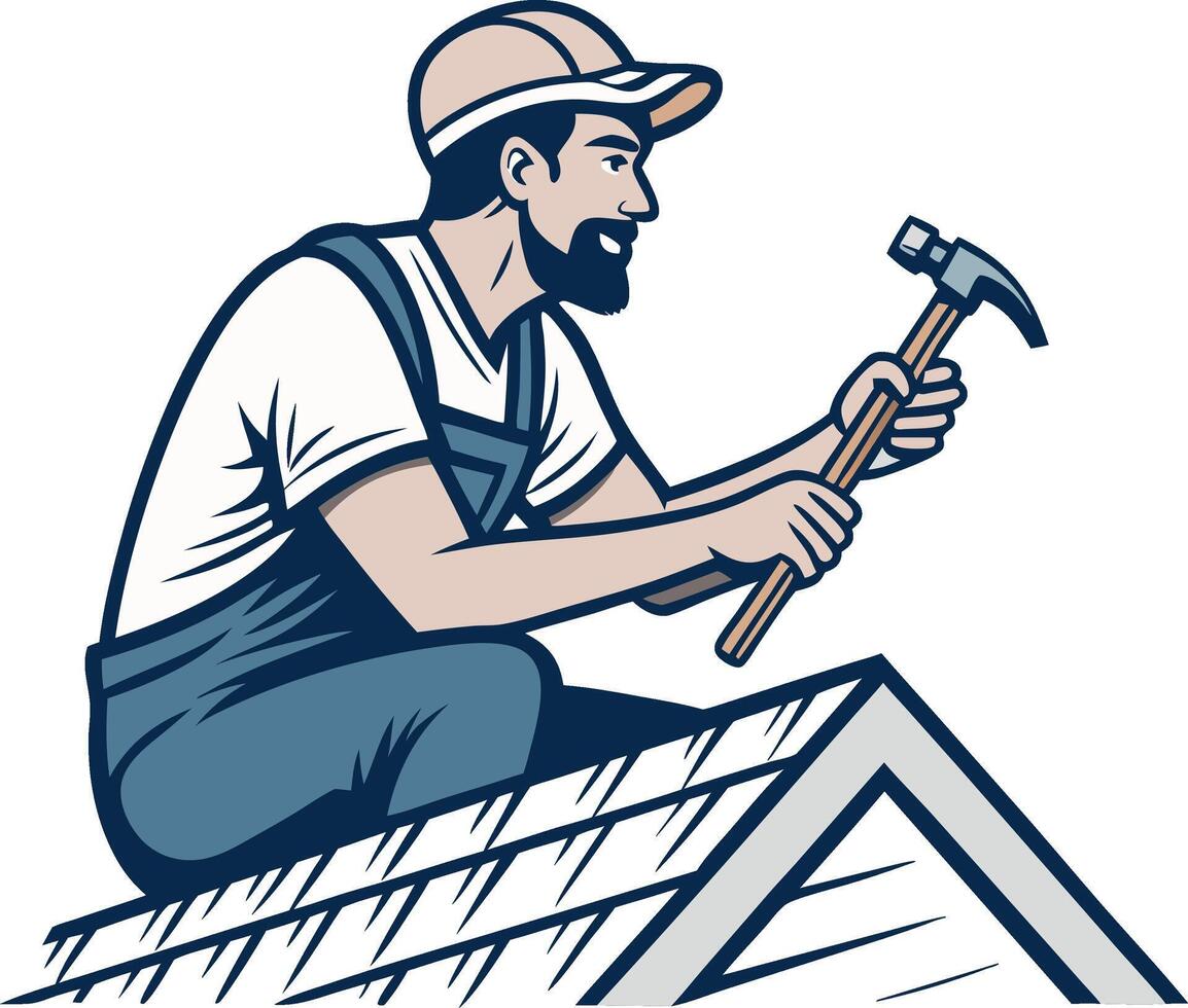 Roofer Working with Hammer on Roof Detailed Illustration for Construction Themes vector
