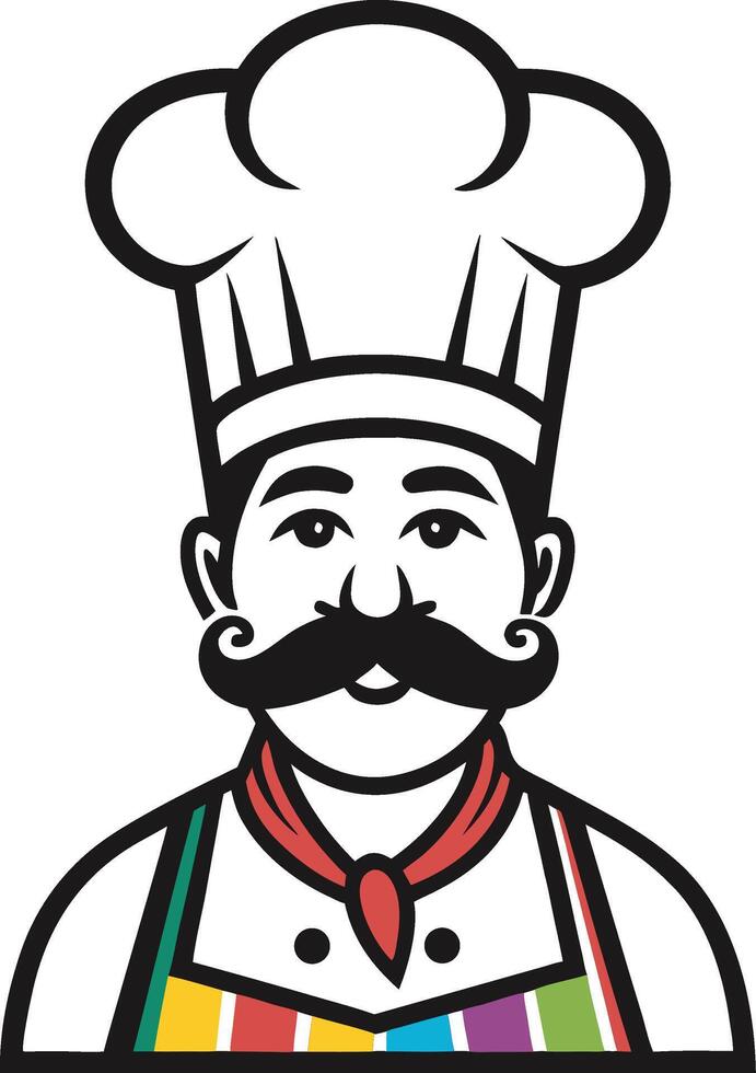 Chef Character with Mustache Wearing Chef Hat and Colorful Apron for Culinary Designs vector