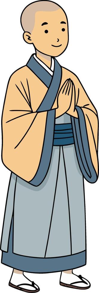 Young Monk in Traditional Robes with Hands Together Representing Peace and Spirituality vector