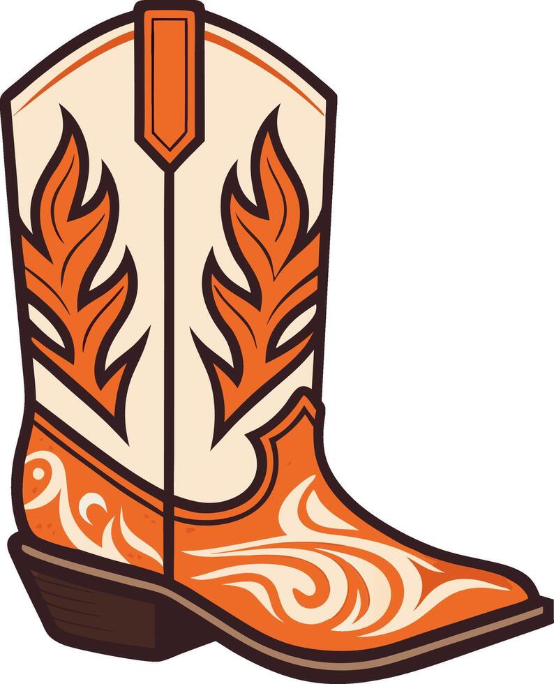 Stylish Cowboy Boot with Decorative Patterns in Orange and Cream Color Scheme vector