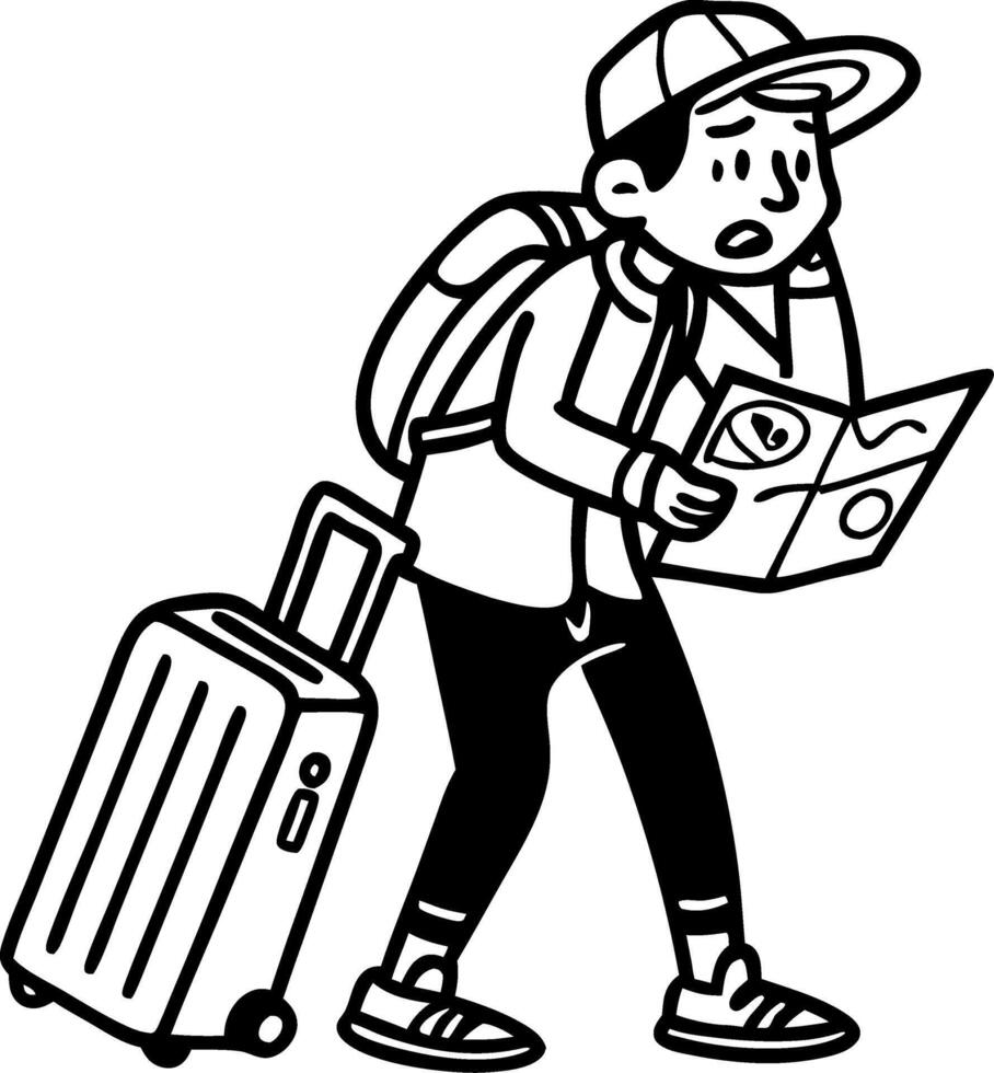 Confused Traveler with Map and Luggage Illustrating Adventure and Exploration vector