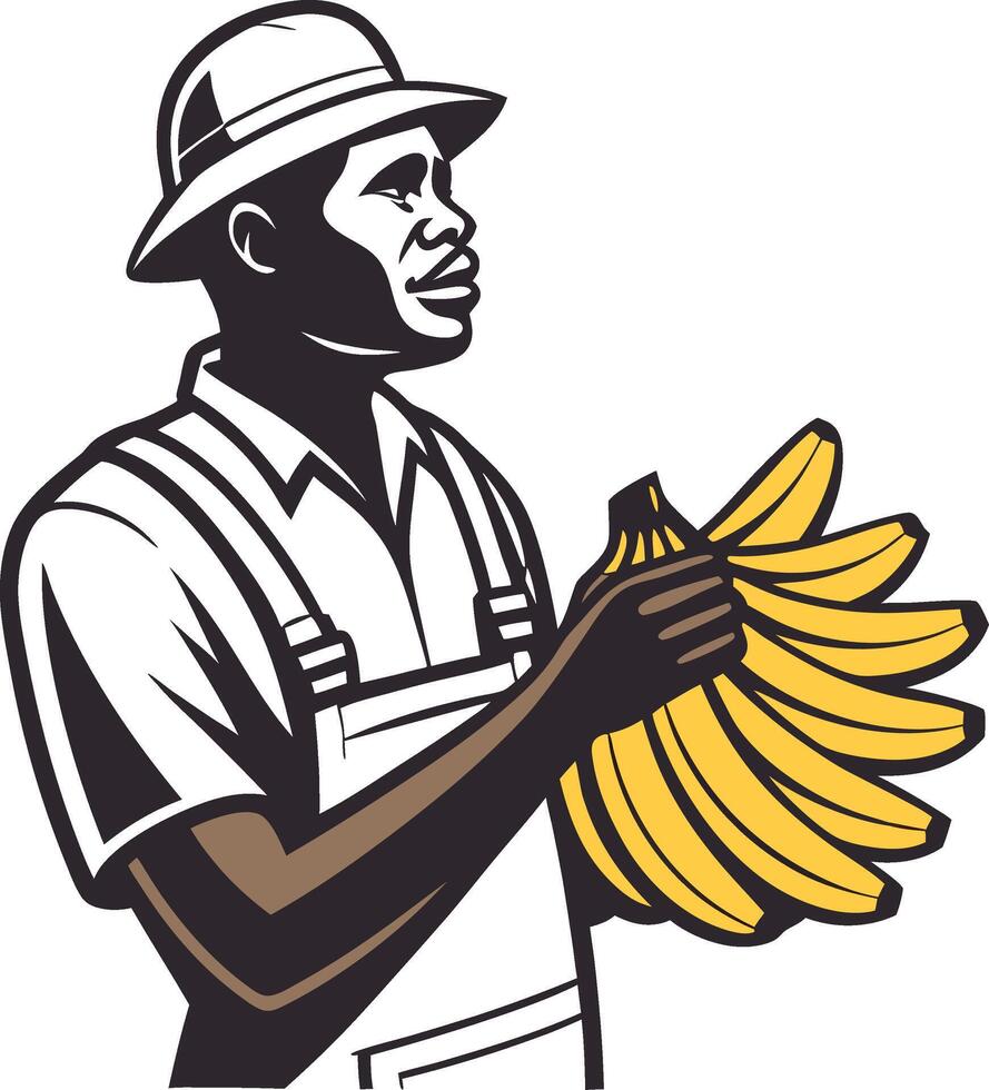 Banana Farmer Holding Bunch of Ripe Bananas Vintage Illustration for Agricultural Themes vector