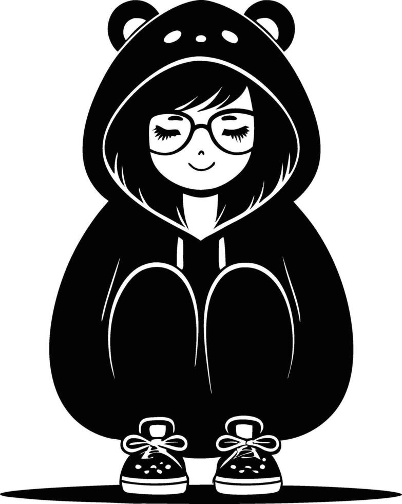 Cute Girl in Bear Hoodie Sitting Cozy with Glasses Illustration for Coloring and Design vector