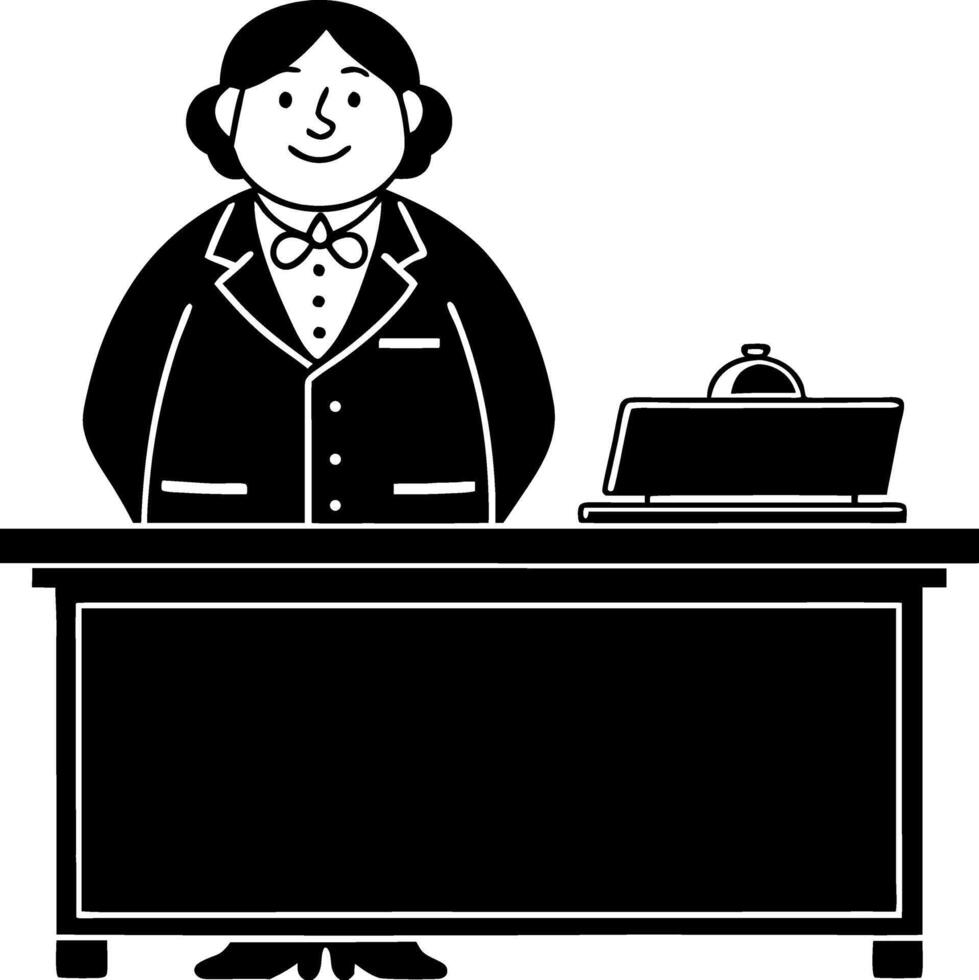Cheerful Receptionist in Suit Standing at Desk with Bell for Professional Use vector
