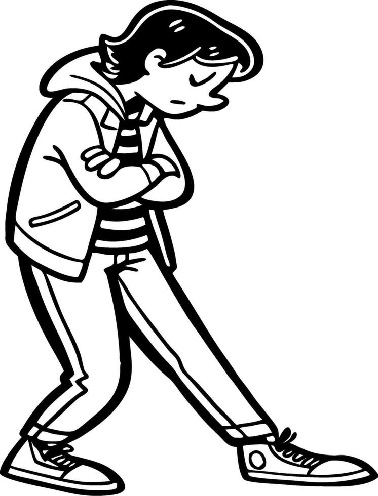 Sad Boy Character Illustration with Hoodie and Striped Shirt for Coloring Books and Designs vector