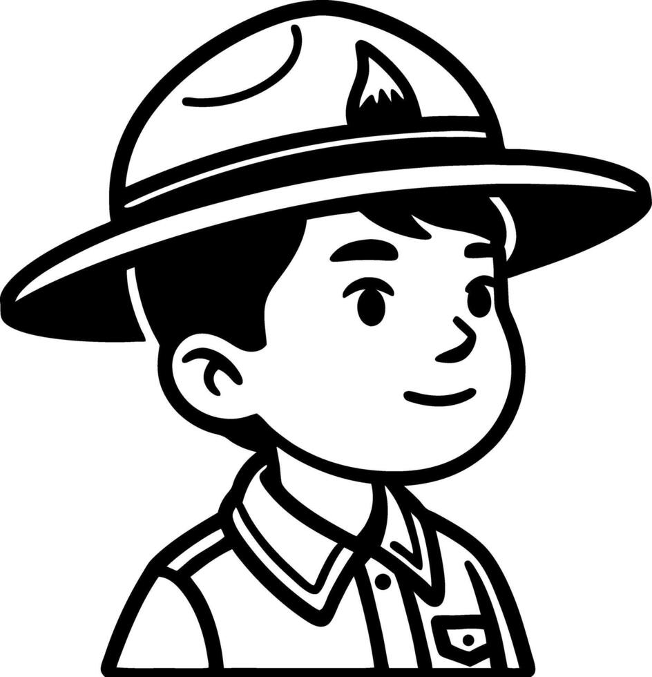 Cheerful Young Ranger Character Wearing a Hat Ideal for Childrens Coloring Books and Tattoos vector
