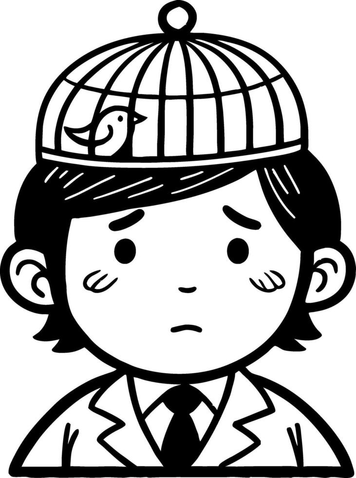 Boy with Birdcage Hat Reflecting Emotions in Cartoon Style for Creative Projects vector