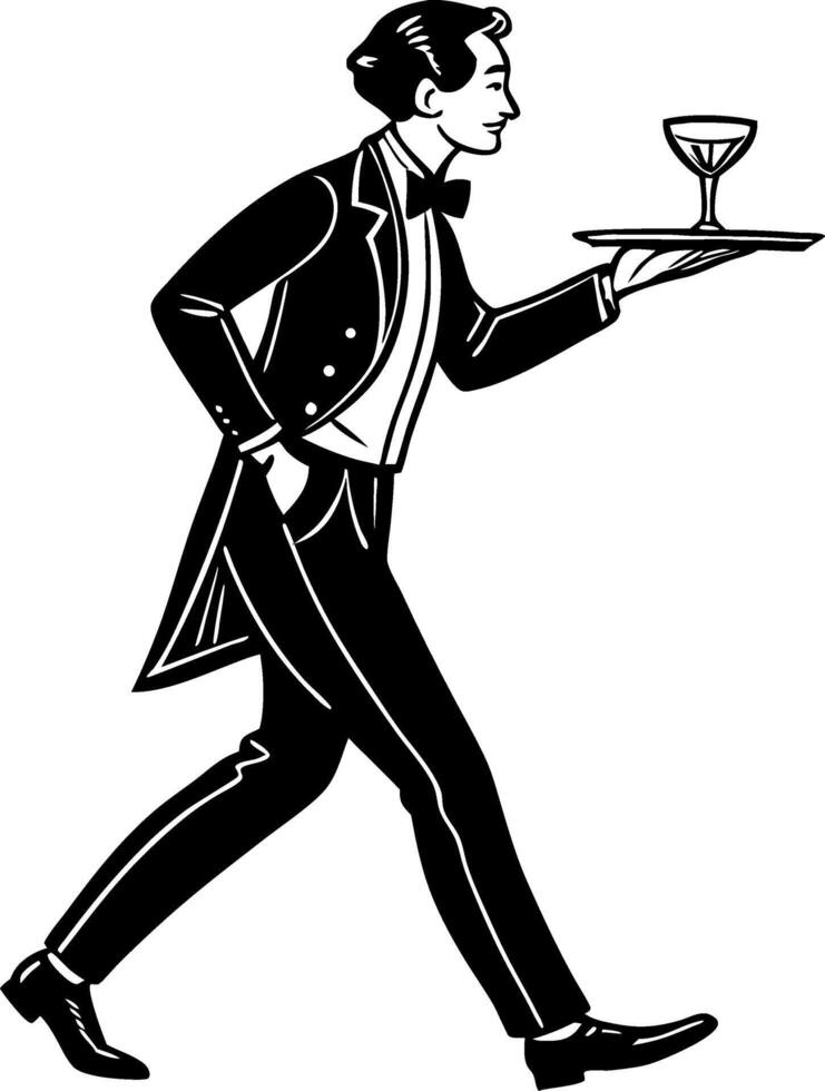 Elegant Male Waiter Serving Cocktail on Tray Retro Style Illustration vector