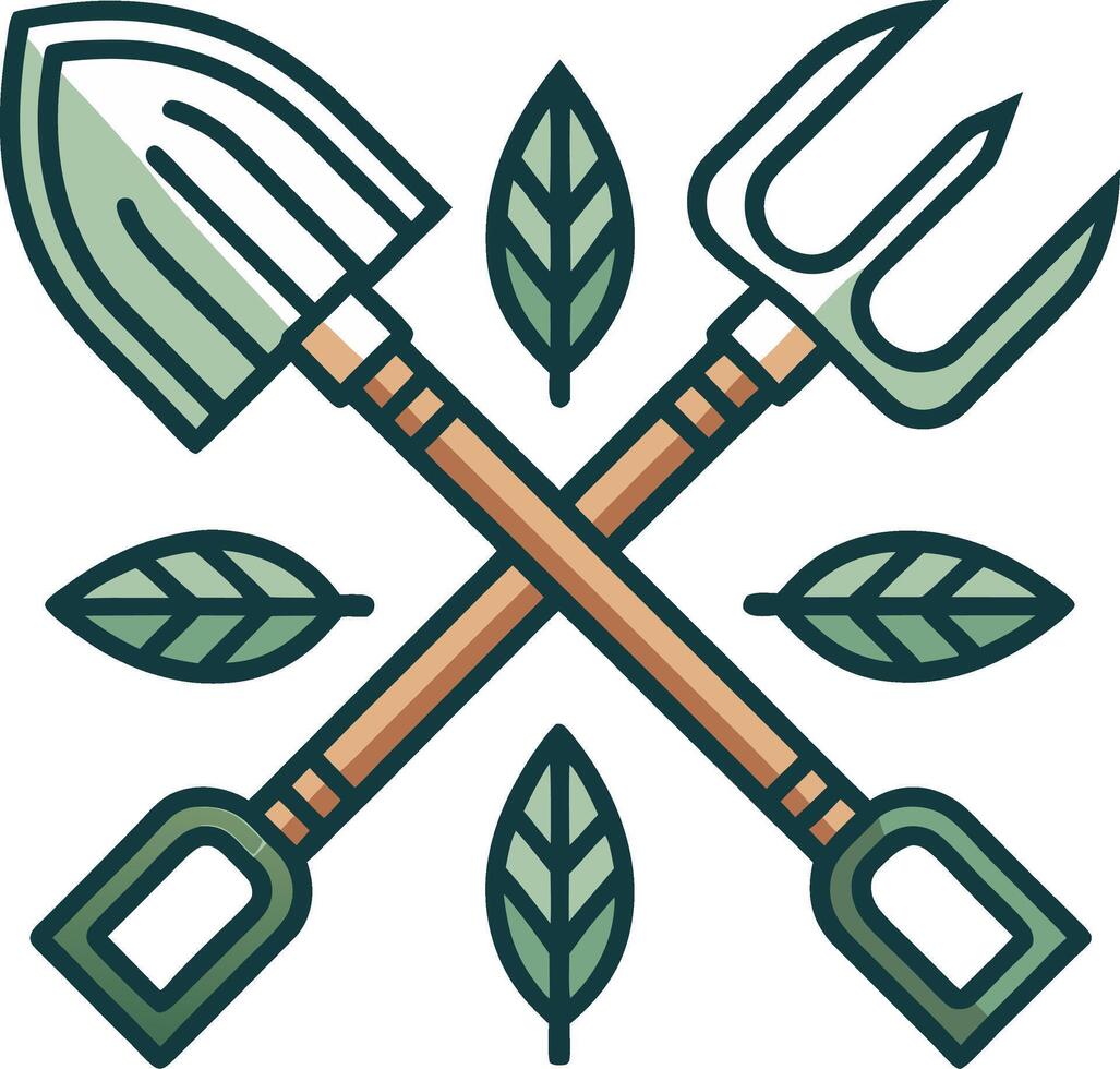 Gardening Tools Crossed Design with Leaves Ideal for Crafts and Nature-Themed Projects vector