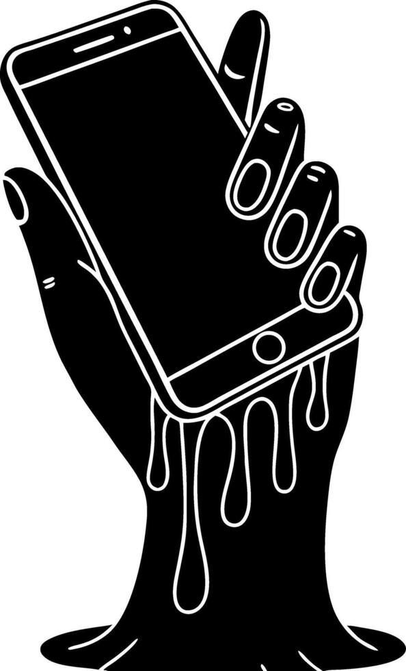 Black Hand Holding Dripping Smartphone with Abstract Melting Effect for Graphic Design Projects vector
