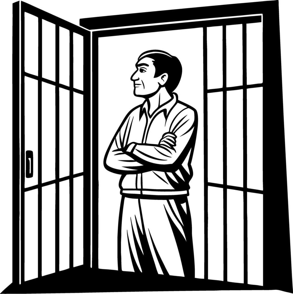 Standing Man in Doorway Silhouette with Confident Pose for Graphic Design and Illustrations vector
