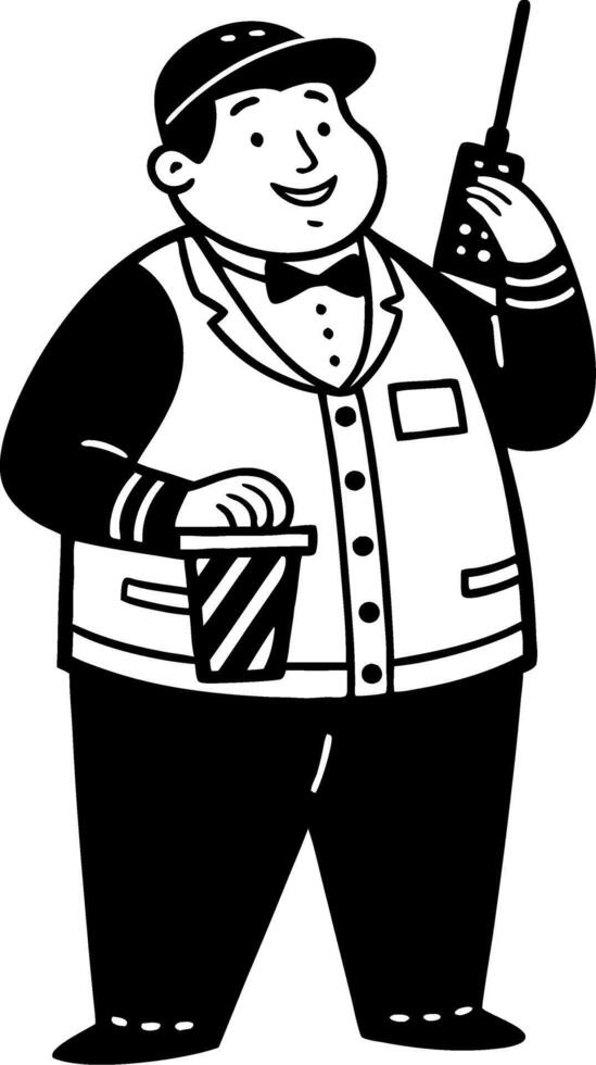 Cheerful Concession Stand Attendant with Snack and Radio for Event Management Design vector