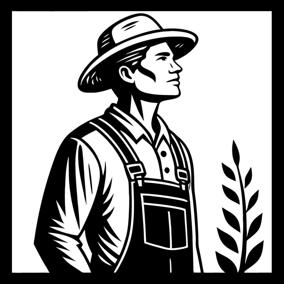 Farmer Portrait in Overalls with Hat and Leaf Design for Rustic Decor and Illustrative Use vector