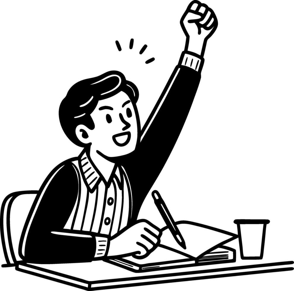 Cheerful Student Raising Hand in Classroom Excited to Answer Questions Educational Illustration vector
