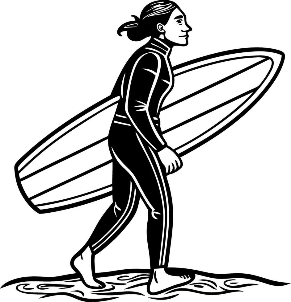 Female Surfer Walking on Beach with Surfboard in Waves Dynamic Action Illustration vector